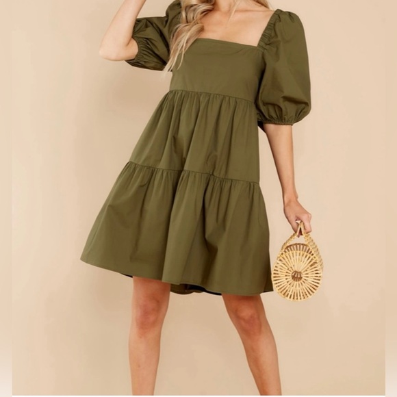 Showpo Olive Army Green Puff Sleeve Tie Back Ruffle Tiered Dress Size 6 - Picture 6 of 8